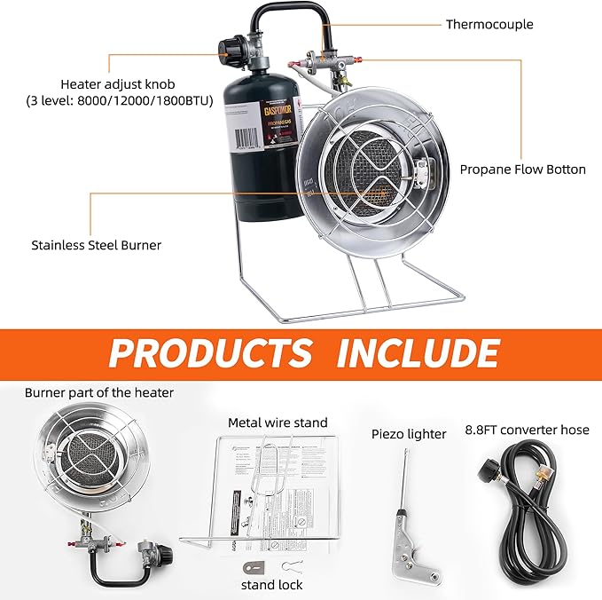 Multi-Purpose Portable Heater, 18,000 BTU Outdoor Heater with 8.8 ft Hose and USB Rechargeable Lighter for Patio, Camping, Hunting, and Fishing