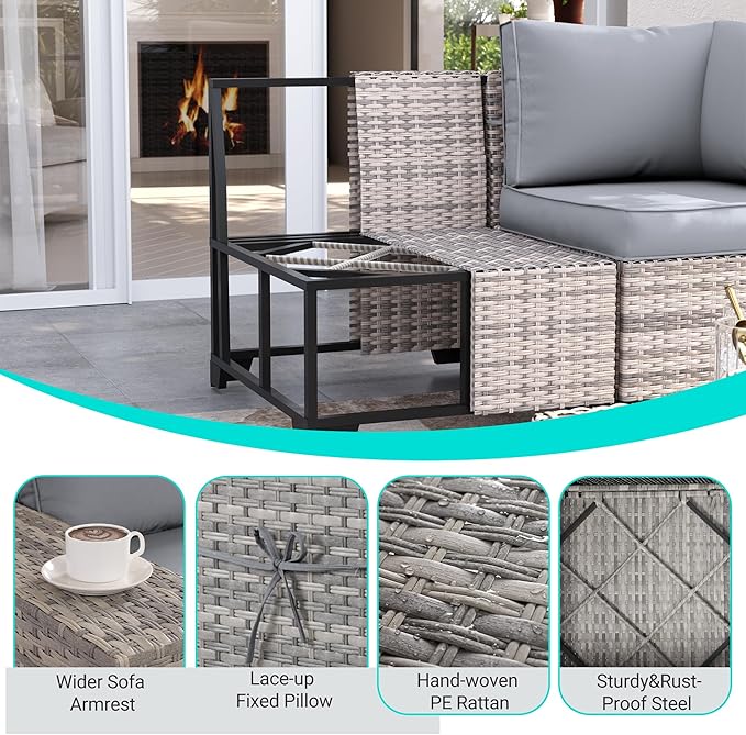 13-Piece Outdoor Patio Furniture Set with Rocking Swivel Chair, PE Wicker Rattan Sectional Sofa Patio Conversation Set with 55,000 BTU Fire Pit Table & Coffee Table, Grey