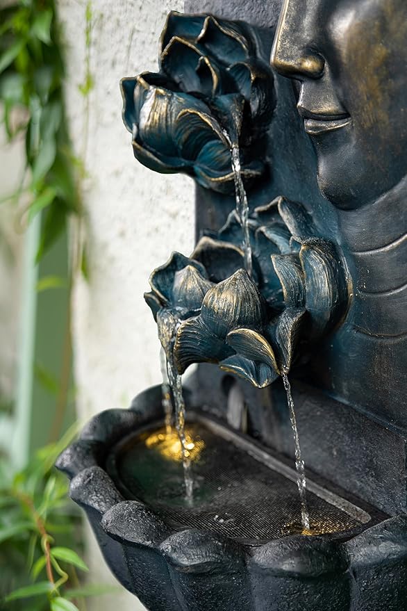 Cheng Pin Cascading Lotus Buddha Statue Zen Water Fountain with LED Lights & Pump Best for Wall Decor, Flowing Water Create Relaxing Atmosphere for Home, Patio,Garden, Backyard,32.3'' Tall