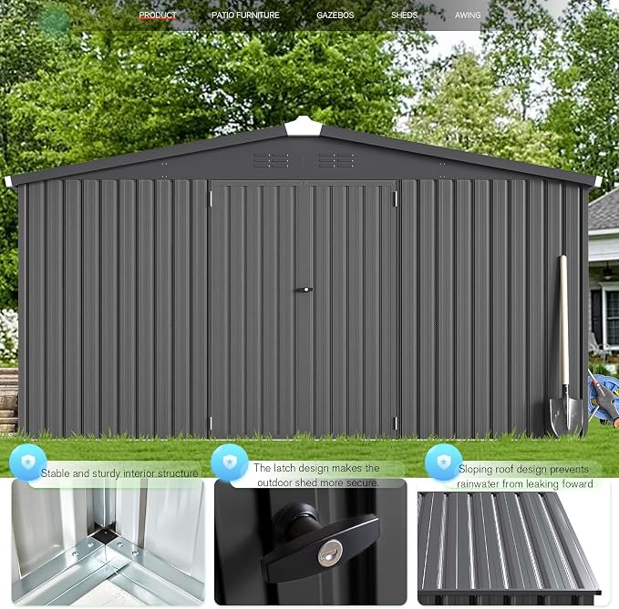 AECOJOY 12' x 12' Outdoor Storage Shed, Dark Grey Large Metal Sheds & Outdoor Storage Clearance Steel Yard Shed with Lockable Doors, Utility and Tool Storage Garden Shed for Backyard - Image 2