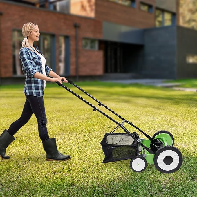 16-Inch 5-Blade Cordless Manual Reel Lawn Mower with Grass Catcher - Adjustable Cutting Height, Push Reel Mower for Small Yards & Gardens (Green) - Image 2