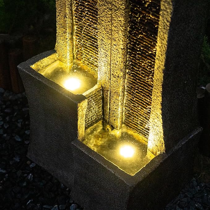 YZM Modern Outdoor Water Fountain Indoor Cascading Floor-Standing Fountains with Led Lights 2-Curved Column Garden Waterfall for Backyard Patio Porch Deck Home 39.76” H