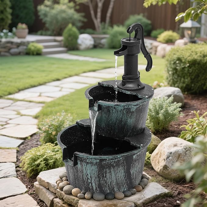 MoNiBloom Outdoor Water Fountains, 27" Tall 2-Tier Barrel and Pump Waterfall Fountain and Pump for Outdoor Patio Garden Backyard Deck, 11L Water Capacity, Green