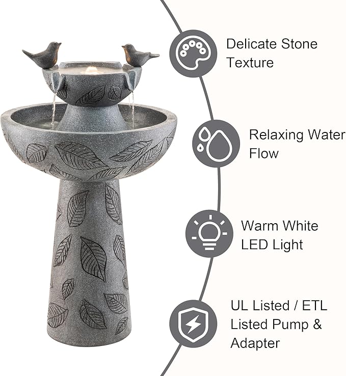 Glitzhome Outdoor Water Fountain with Lights & Pump, 26" H 2-Tiered Polyresin Bird Bath Fountain Floor-Standing Water Feature Waterfall Fountain for Garden, Yard, Patio, Home Decor