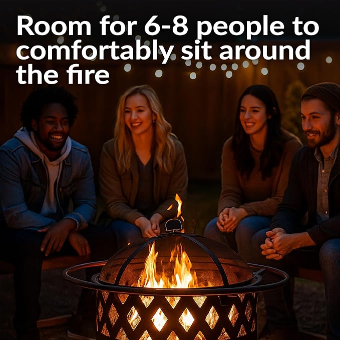Sunnydaze Crossweave Outdoor Fire Pit - Wood-Burning Fire Pit for Outside with Spark Screen, Poker and Round Cover - 30-Inch - Bronze - Image 2