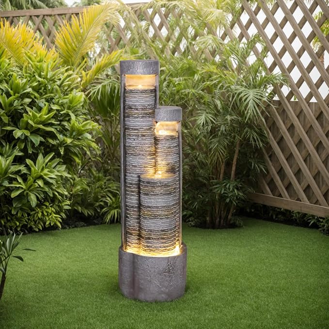39.76" Tall Indoor Outdoor Water Fountain Modern Water Feature Stone-Textured Cascading Floor-Standing Fountains with Led Lights for Garden, Patio, Balcony, Yard, Office Home Art Decor