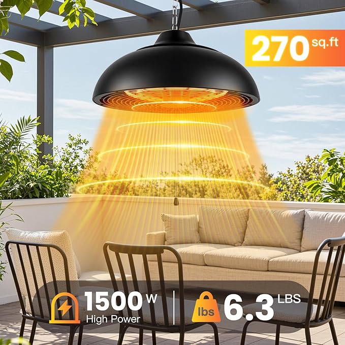 1500W Electric Hanging Patio Heater, 3S Instant Heat, Ceiling-Mounted Outdoor Heater with 3 Modes, Quiet Operation, Overheat Protection, IP55 Waterproof for Patio, Balcony & Garage
