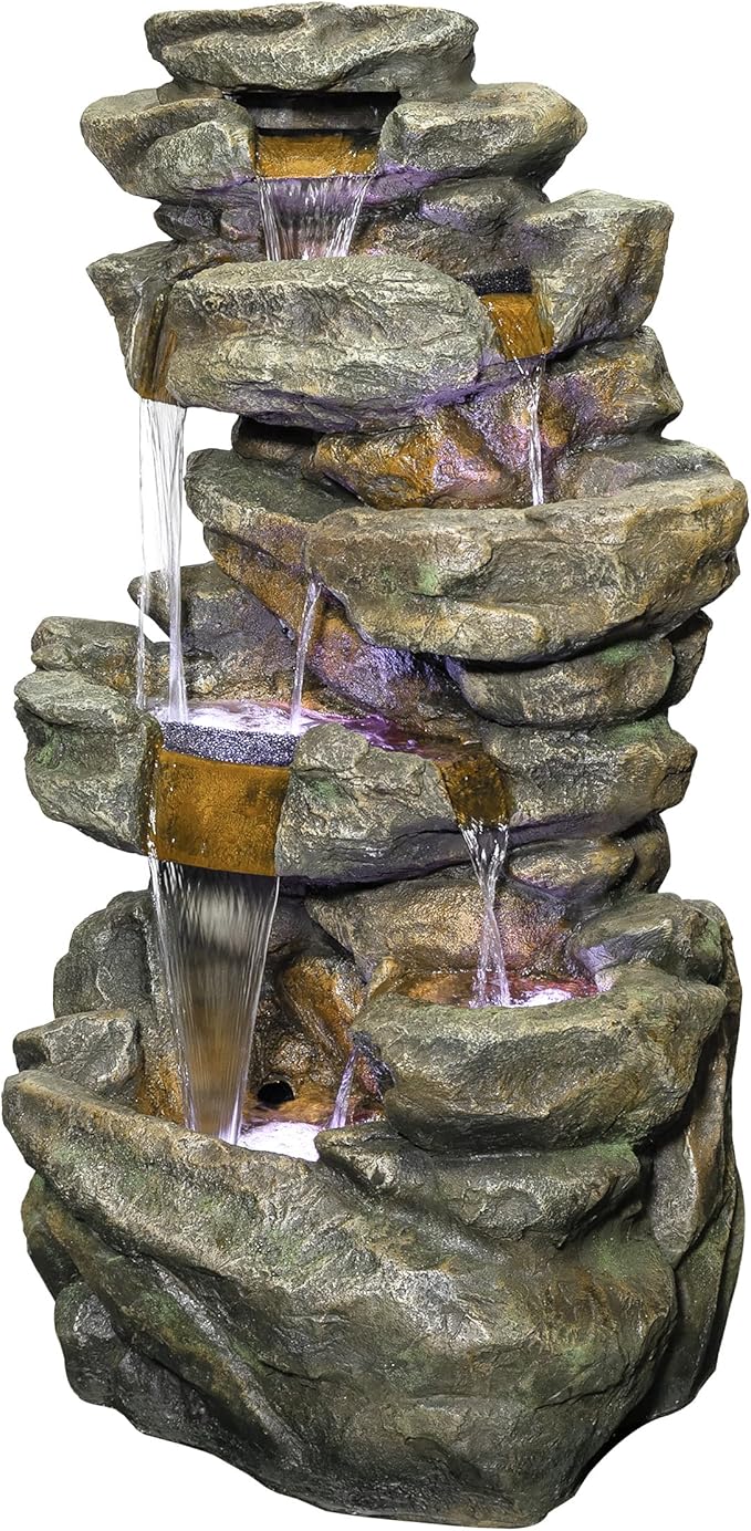 Alpine Corporation 51" Tall 6-Tier Outdoor Rainforest Waterfall Floor Fountain, Weather-Resistant Design with Color-Changing LED Lights & Remote Control, Gray