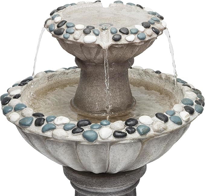 Alpine Corporation ZEN640S 24" 2 Tier Classic Pedestal Water Fountain, Indoor/Outdoor Floor Water Feature for Garden, Patio, and Home Décor, Gray