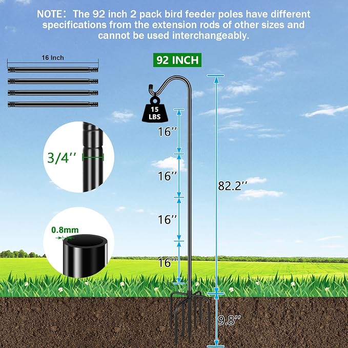 FEED GARDEN Shepards Hooks for Outdoor Bird Feeder Pole 92 Inch Adjustable Tall Heavy Duty Shepherds Hooks for Hanging Plant Baskets, Solar Lights, Wedding Decor, Lanterns, Black (2 Pack) - Image 3