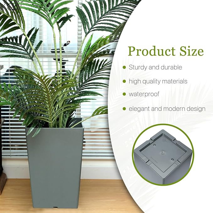 Set of 2 15.75 Inch Large Taper Planters Outdoor Indoor Tall Resin Flower Pots with Drainage Holes Modern for Front Door Patio Backyard Plants(Gray)