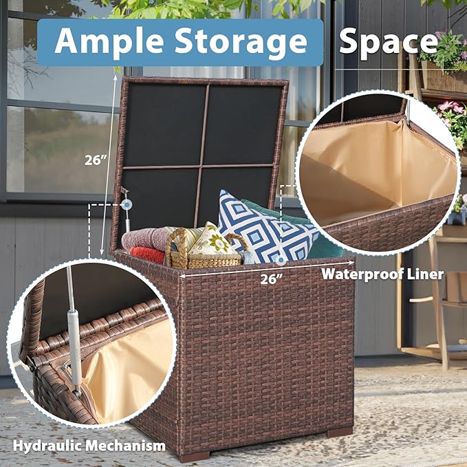 JOIVI 8 Pieces Outdoor Patio Furniture Set with 88 Gallon Storage Box, Rattan Wicker Patio Conversation Set with Coffee Tea Table, Outdoor Sectional Furniture Sofa Set with Cushions, Brown