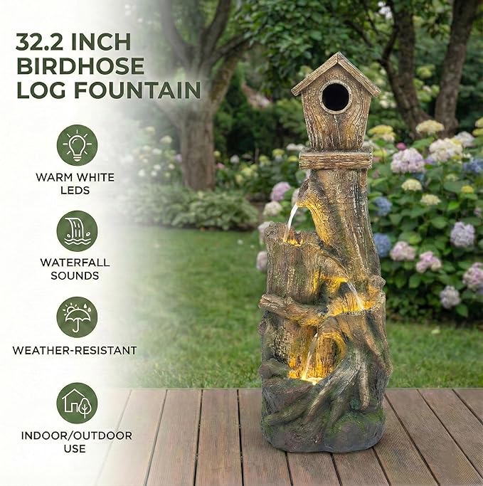 Outdoor Water Fountain with LED Lights – Charming Garden Patio Water Feature, Rustic Design, Weather-Resistant Fiberglass, Perfect for Backyards Outdoor Garden and Entryways
