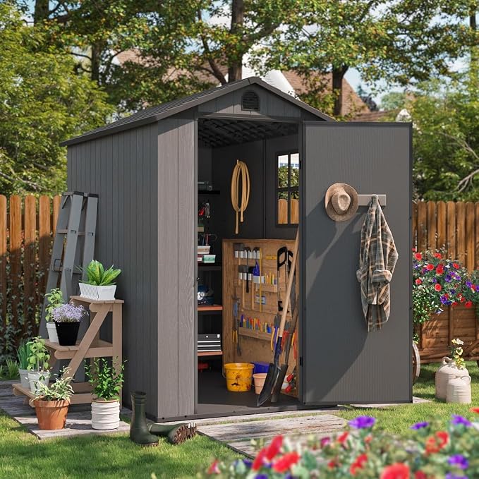 Patiowell 4' x 6' Outdoor Storage Shed with Floor, Plastic Shed Outside Resin Tool Shed with Window and Lockable Door for Backyard Garden Patio Lawn, Dark Grey (Fit-it Shed) by Patiowell