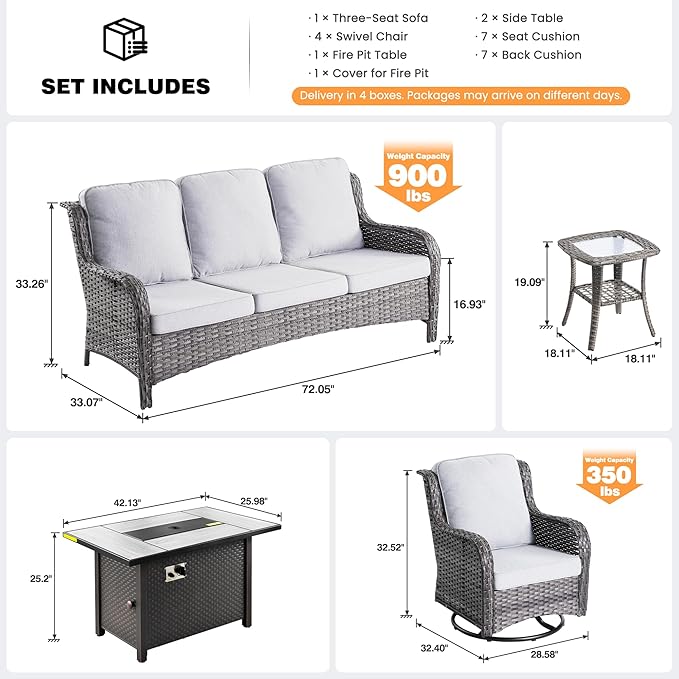 ovios 8-Piece Patio Furniture Set with Swivel Chairs Coffee Table, Outdoor Wicker Sofa with 42" Fire Pit Table, High Back Couch Modern Conversation Sets, Grey/Grey