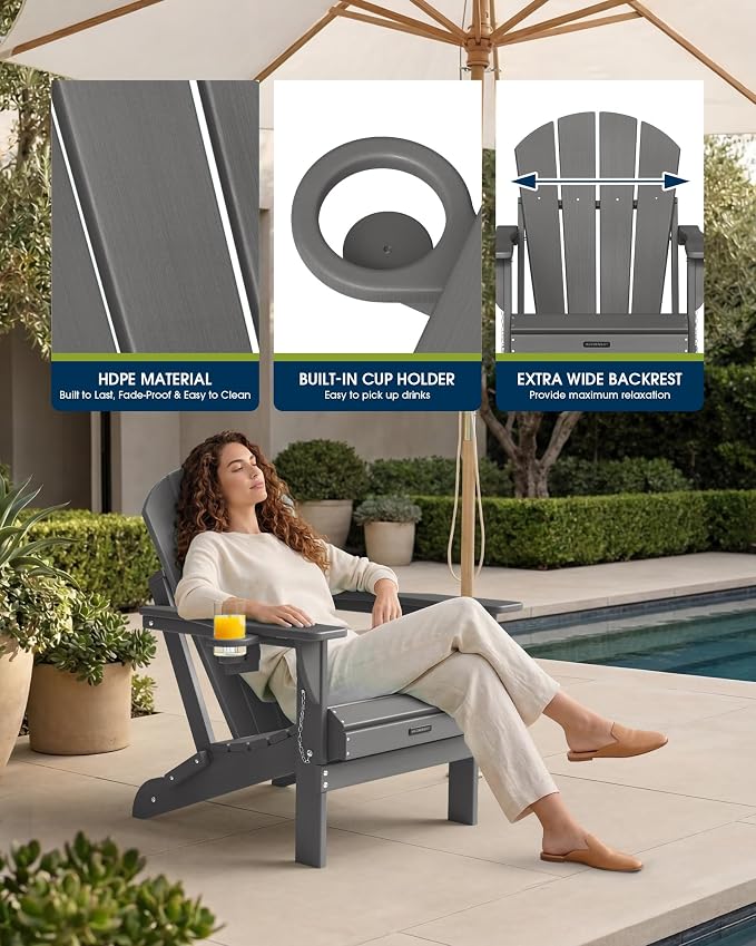 MUCHENGHY Folding Adirondack Chairs, Patio Chairs, Lawn Chairs, Outdoor Chair, Adirondack Chair Plastic, Fire Pit, Weather Resistant with Cup Holder for Deck, Backyard, Garden(Gray) - Image 10