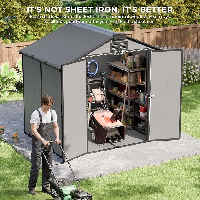 CDCASA 8x6x7 FT Resin Shed with Floor Included, Steel‑Reinforced Large Waterproof Outdoor Storage Sheds with Base & Lockable Door & Window & Vents, Outside Plastic Tool for Outside Patio Backyard - Image 3