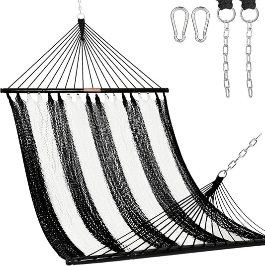 Lazy Daze Hammocks 10.5 FT Double 2 Person Caribbean Rope Hammock, Hand Woven Polyester Hammock with Spreader Bars, for Outside Outdoor Backyard Patio Poolside, 450 LBS Capacity, Black/White by LazyDazeHammocks