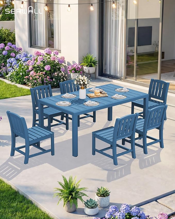 SERWALL 10-Piece Patio Dining Sets with 15FT Patio Umbrella, 60" - 83" Expandable Outdoor Dining Table and 8 HDPE Chairs, All Weather HDPE Outdoor Furniture Set, Blue (Umbreall Base not Included) - Image 9