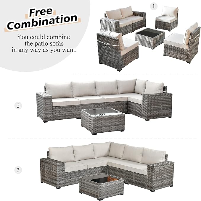 HOOOWOOO 9 Piece Modular Patio Outdoor Sectional Furniture Set with Gas Propane Fire Pit Table,Wicker Conversation Sofa Set with Swivel Chairs,Outside Couch Set(Beige)