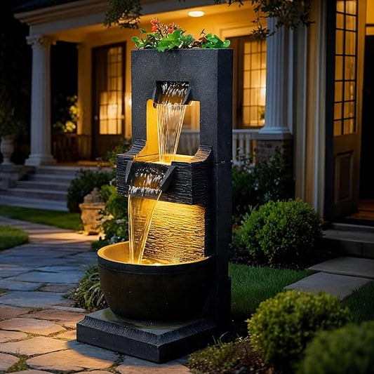 39" H Modern Indoor Fountain with LED Lights and Pump, 3-Tier Standing Cascading Waterfall - Modern Design for Garden/Patio/Yard, Multi-Level Outdoor Decor 15“x14”x39“(Brown)