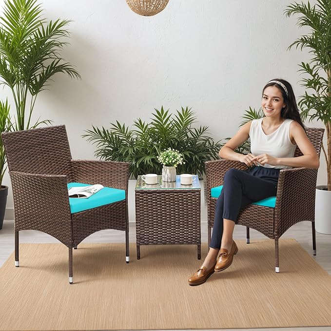 Greesum 3 Pieces Patio Dining PE Rattan Wicker Chair Furniture Set with Cushion and Glass Coffee Table for Outdoor Garden Backyard Poolside, Brown and Blue