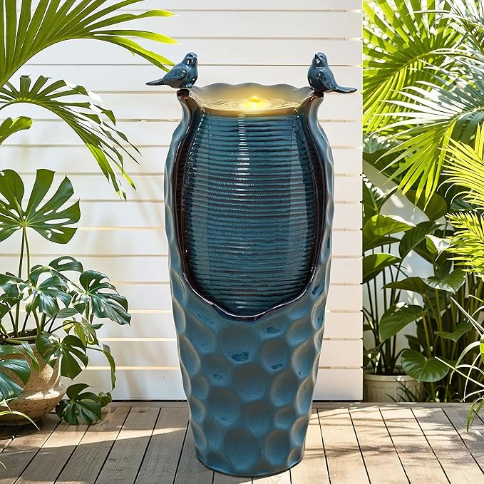 32.5" H Ceramic Jar Outdoor Fountain, Honeycomb Pot Water Feature with LED Lights, Soothing Trickling Waterfall for Garden, Patio, Yard, Balcony Oasis, KD Vivid Birds, Turquoise Glaze