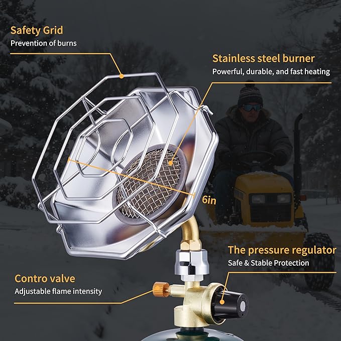 Portable Propane Camping Heater, 6200BTU 2-in-1 with Cup Holder & Base, Cordless Heater for Tent, Garage, Fishing, Compatible with 1lb Propane Tank (Fuel Not Included)