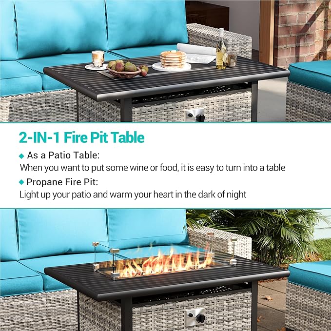 10-Piece Outdoor Patio Furniture Set with Rocking Swivel Chair, PE Wicker Rattan Sectional Sofa Patio Conversation Set with 55,000 BTU Fire Pit Table & Coffee Table, Turquoise