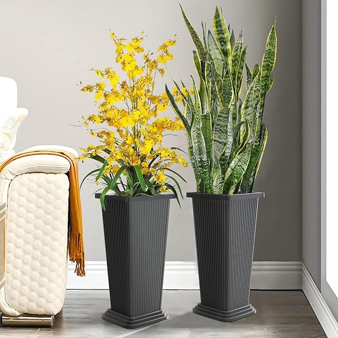 Set of 4 24" Tall Plastic Planters with Trays, Large Tapered Plant Pots for Indoor Outdoor Use, Modern Decorative Planters for Porch, Patio, Garden, and Backyard