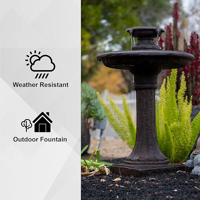 XBrand 28" 1-Tier Outdoor Bird Bath Water Fountain, Resin Fountain with Auto Shut-Off Pump, Brown