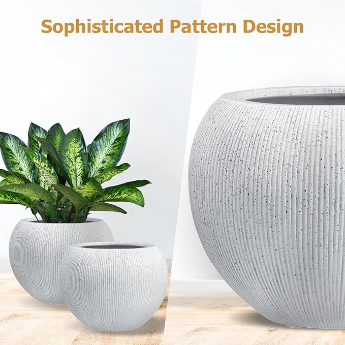 12.8"H x 16"D Premium Ribbed Globo Fiberstone Round Planter with Drainage Hole, Weather Resistant for Indoor and Outdoor Use, Included 2 Extra Coco Mats (Speckled White, 10.7" Pot Opening)