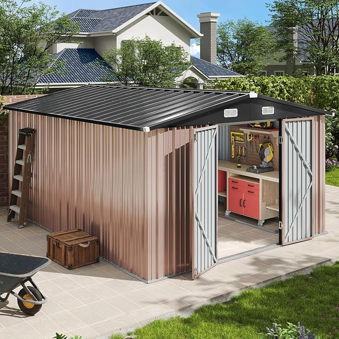 Aoxun 10' x12 ' Outdoor Metal Storage Shed with Galvanized Steel Base, Heavy-Duty Garden Tool Shed for Patio, Lawn, and Garden, Brown by Aoxun