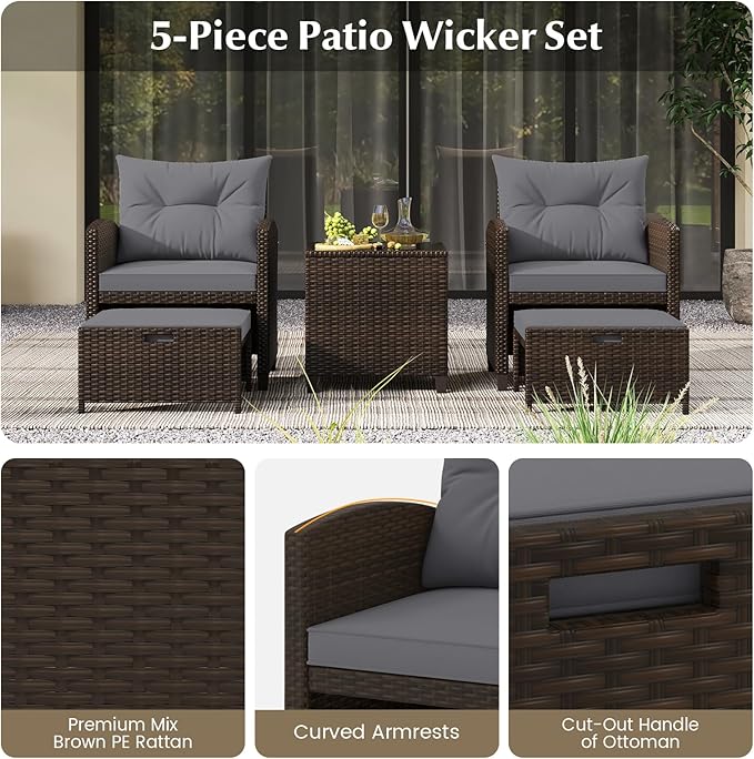 KOTEK 5 Pieces Patio Furniture Set with Ottomans, Wicker Patio Conversation Set with Coffee Table & Cushions, PE Rattan Outdoor Lounge Chairs for Backyard, Porch, Poolside (Mix Brown- Grey)