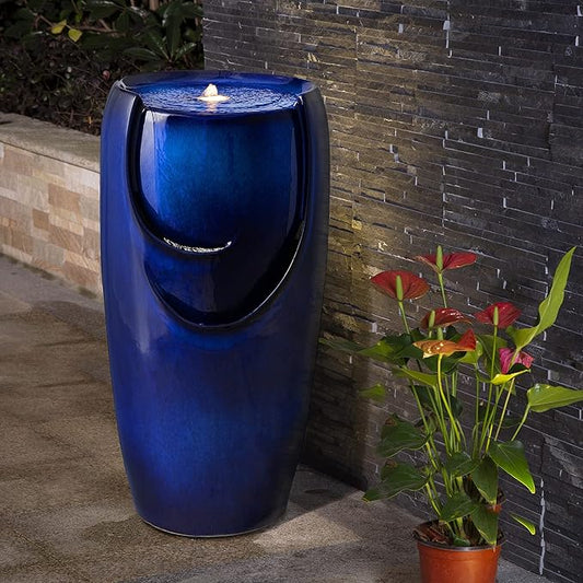 Glitzhome 29.25" H Tall Outdoor Ceramic Jar Water Fountain with LED Light and Submersible Pump Vase Floor Freestanding Water Fountain for Patio Garden Yard Art Decor, Cobalt Blue