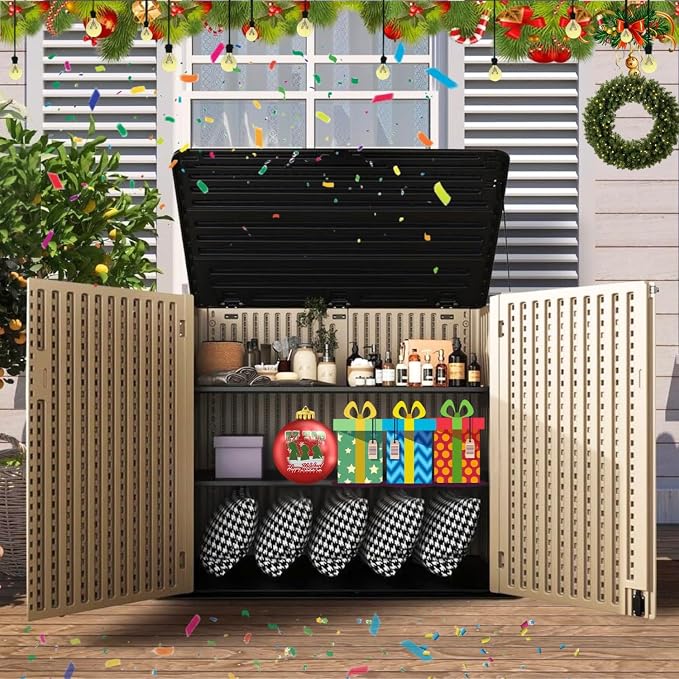 ZZM Large Outdoor Storage Shed, 48 Cu Ft Resin Versatile Storage Cabinet for Patio Accessories, Trash Cans & Garden Tools, Durable Horizontal Storage Box with Lockable Lid (Coffee) - Image 7