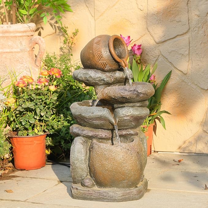 Outdoor Rock Garden Water Fountain for Garden, Patio, Backyard, Deck, Porch and Office, Living Room Home Art Decor, 3 Tiers Natural Cascading Outdoor Fountain with LED Lights 11“x9”x22