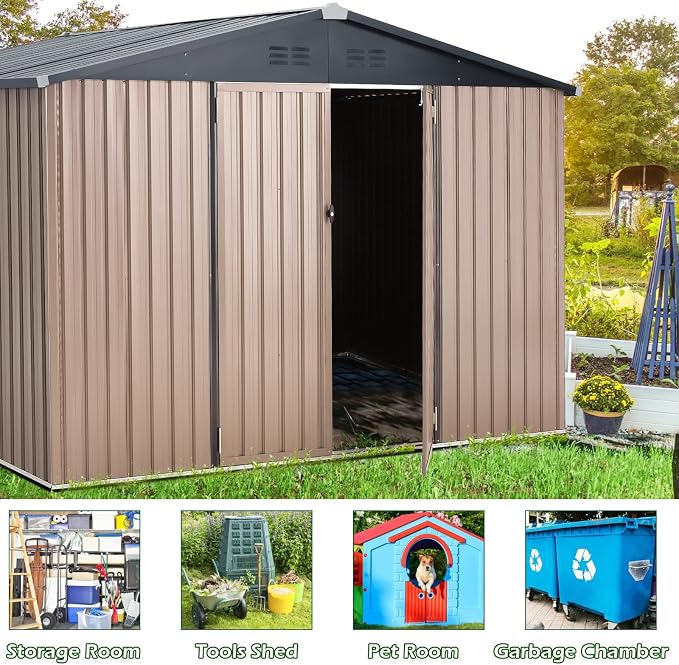 AECOJOY 8' x 10' Outdoor Storage Metal Shed, Steel Yard Garden Sheds & Outdoor Storage Clearance with Design of Lockable Doors, Utility and Tool Storage for Garden, Backyard, Patio, Outside use - Image 5