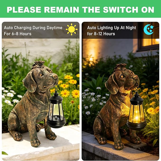 Solar Garden Statue Dog Figurine Decor with Lantern Lights, Outdoor Decoration Solar Dog Sculptures for Outside Patio Lawn Balcony Yard Ornament, Dogs Lover Gifts for Women Mom Grandma Birthday