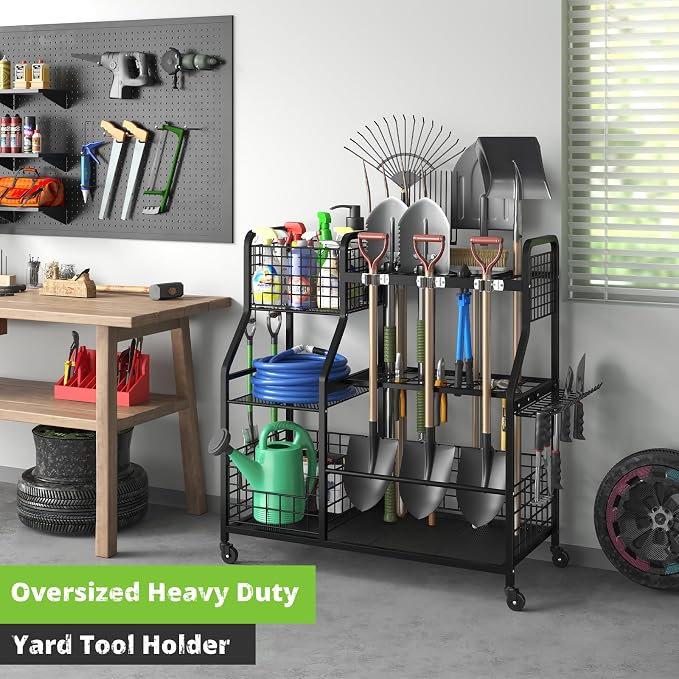 keomaisyto Garden Tool Organizer with Heavy Duty Wheels for Garage - with 2 Baskets, Large Yard Tool Organizer and Storage Holder, Utility Garden Tool Rack for/Shed/Garage/Yard/Basement/Lawn - Image 8