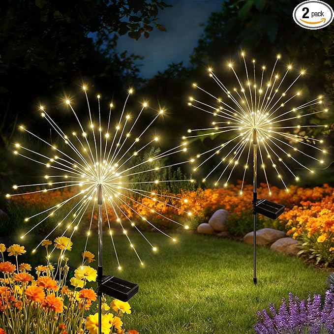 Solar Garden Lights Outdoor Decorative, 2pack 120 LED Firework Lights Waterproof???Solar Fairy Lights for Outside,Garden,Yard, Patio,Pathway,Flowerbed,Party(Warm White)