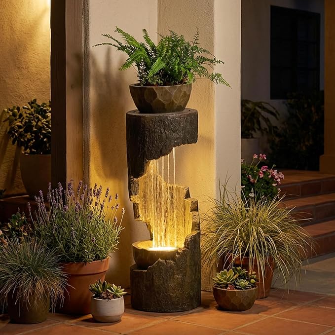 Outdoor Fountain Garden - Patio Waterfall Fountain with Lights, Rustic Wood-Style Cascading Waterfall with Planter Bird Feeder, Resin Water Feature for Deck, Patio, Backyard or Porch, 33.9" H