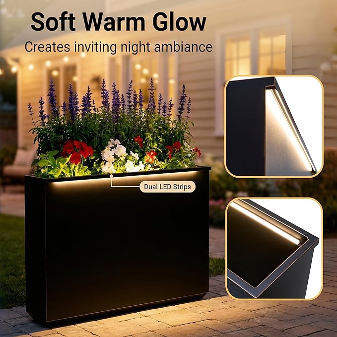 Wallowa Metallic Heavy Planter with Two Led Light Strips, 38Lx10Wx30H Inches Tall and Long Metal Divider Planter Box with Hand Brushed Gold Edge for Outside & Indoor, No Assembly (Black)