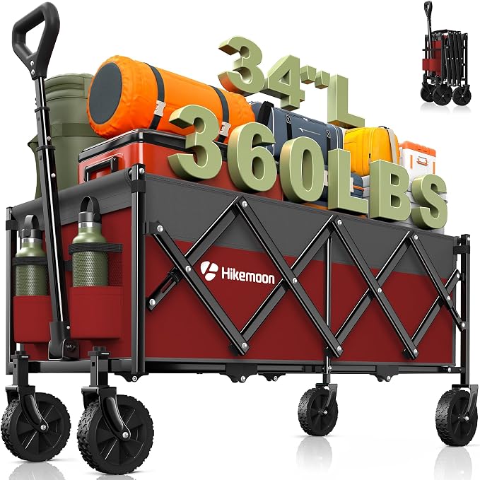 Hikemoon 34'' Extra Long Collapsible Wagons Carts Foldable, 360LBS Heavy Duty Folding Beach Wagon with Wheels, Portable Utility Outdoor Cart for Grocery, Garden, Sports, Camping, Red & Grey by Unknown