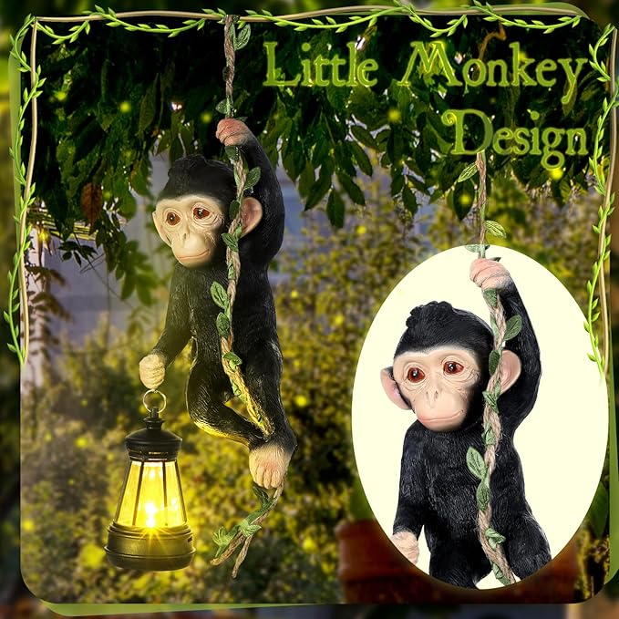 Solar Light Outdoor Monkey Statues Black 7.48 Inch Resin Chimpanzee Baby Monkey Climbing on Vine with LED Lantern Waterproof Hanging Figurine with Hook for Yard Garden Wall
