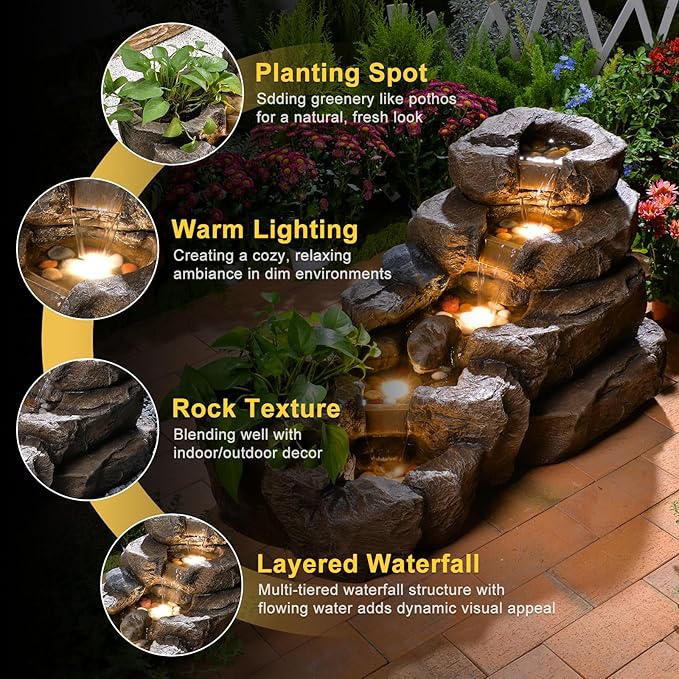 38.2" L Water Fountain Outdoor Garden 5 Tiers Floor Standing Rock Natural Waterfall Outdoor Fountains with LED Lights and Planting Pot for Patio, Porch,Backyard,Home Art Decor