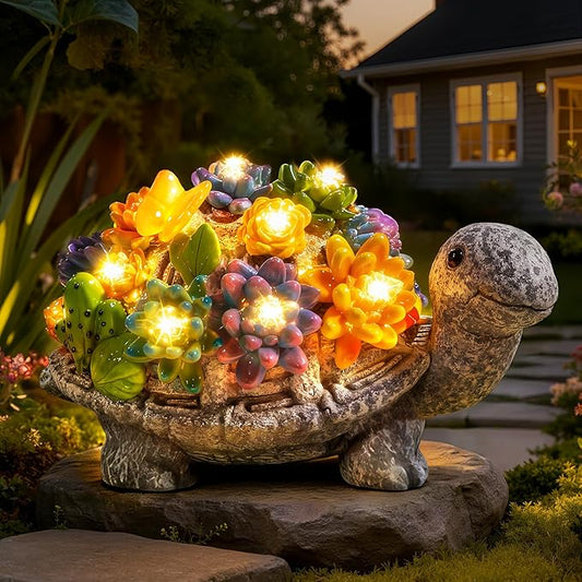 Solar Garden Statues, Outdoor Solar Turtle Decor with Succulent and 8 LED Lights, Outside Yard Figurine Decor for Garden, Lawn, Patio, Balcony, Porch, Unique Gifts for Mom Grandma