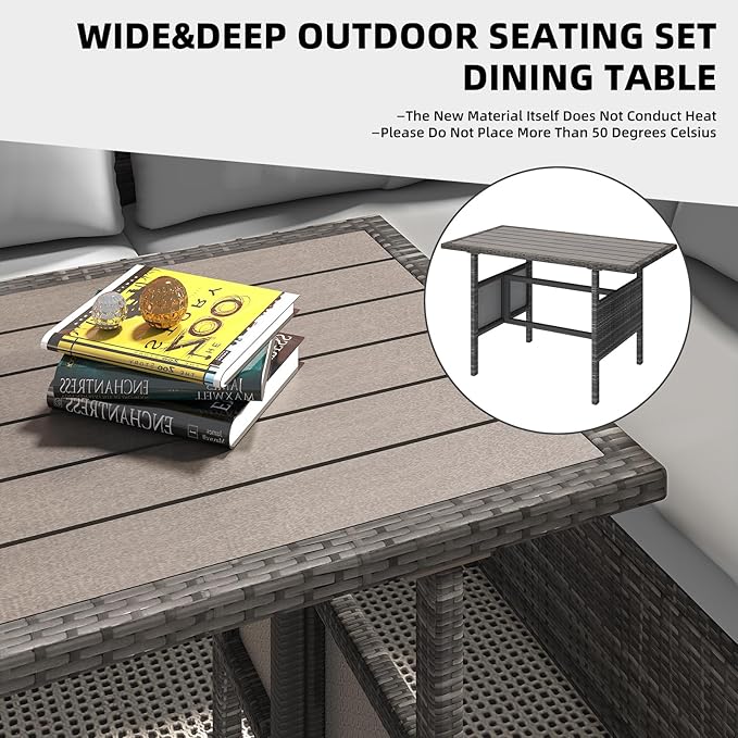 AECOJOY Outdoor Patio Furniture Set, 7 Pieces Clearance Sectional Rattan Dining Table&Chairs, All Weather Wicker Conversation Sofa Couch with Ottoman, Grey Cushions&Grey Rattan