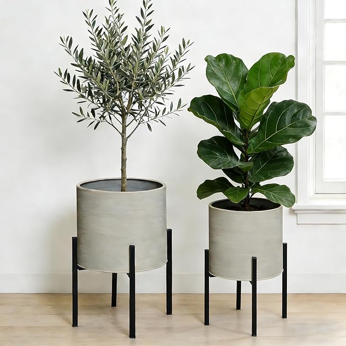 ARNIS Modern Plant Pots, Set of 2 Large Planters with Stand, Decorative Planters, Metal Pots with Drainage Holes for Living Room, Office, Garden or Balcony, 8.25 &10.5 Inch, Grey