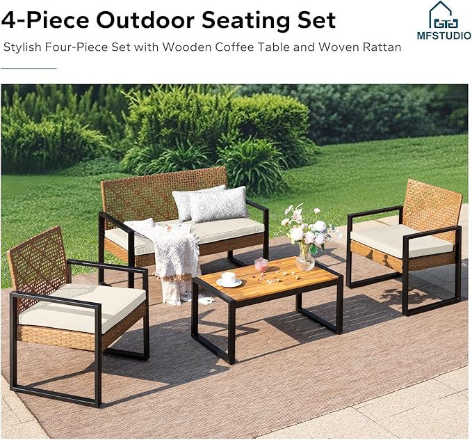 MFSTUDIO Patio Sofa Set for 4, Outdoor Rattan Couch with Wood Table & 2 Chairs, Outdoor Wicker Loveseat Sofa, Patio Sectional Couch Set for Backyard, Beige